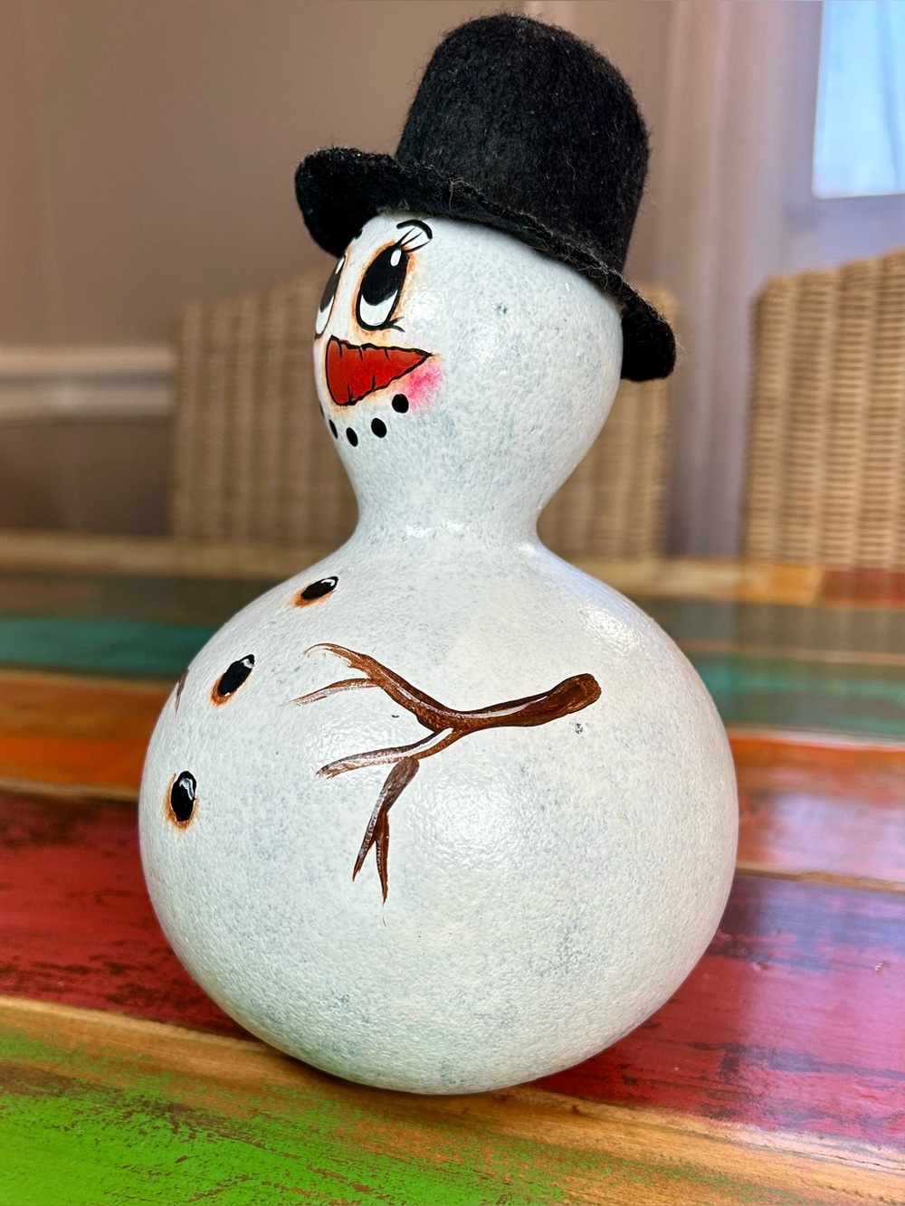 Vintage Hand Painted Gourd Snowman Winter Folk Art Decor Signed 2002 - Picture 7 of 13